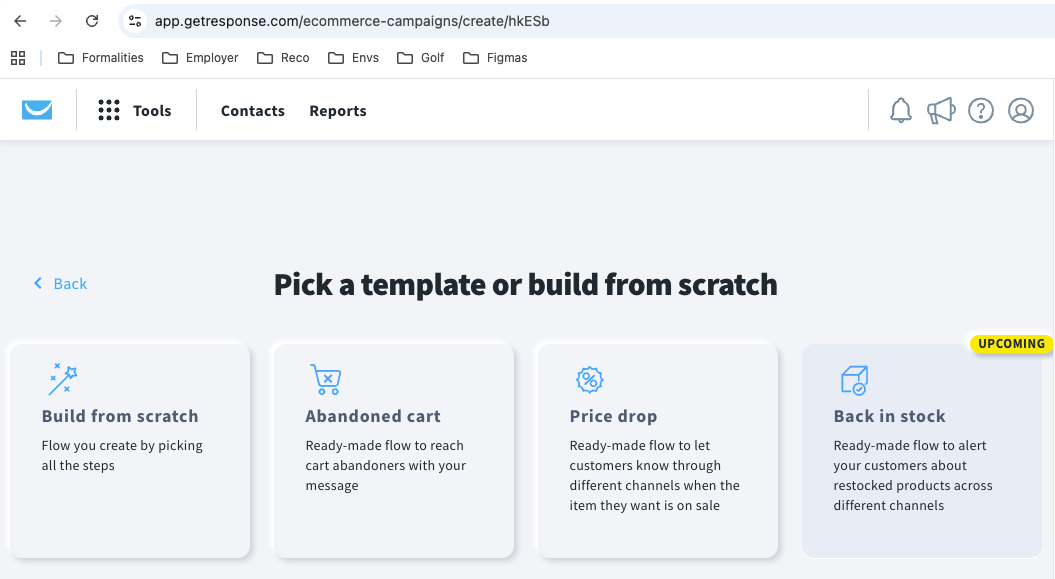 GetResponse email template editor showing price drop campaign design options with customizable product cards and CTA buttons